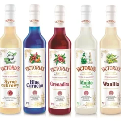 Zestaw 5 syropów Blue Curacao, Grenadina, Cukrowy, Wanilia, Mojito Mint 490 ml x 5