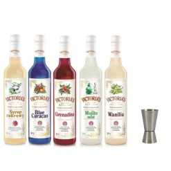 Zestaw 5 syropów Blue Curacao, Grenadina, Cukrowy, Wanilia, Mojito Mint 490 ml z miarką 50 i 25 ml
