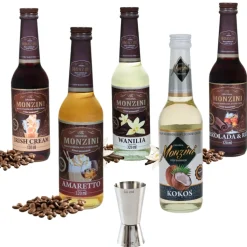 Zestaw 5 syropów do kawy Waniliowy, Kokos, Amaretto, Czekolada z rumem, Irish Cream 320 ml x 5 z miarką 50 i 25 ml
